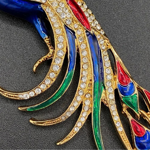 Colorful Bird Brooch In Blue, Red, Green Enamel and Sparkly Rhinestones in Gold - Picture 3 of 16